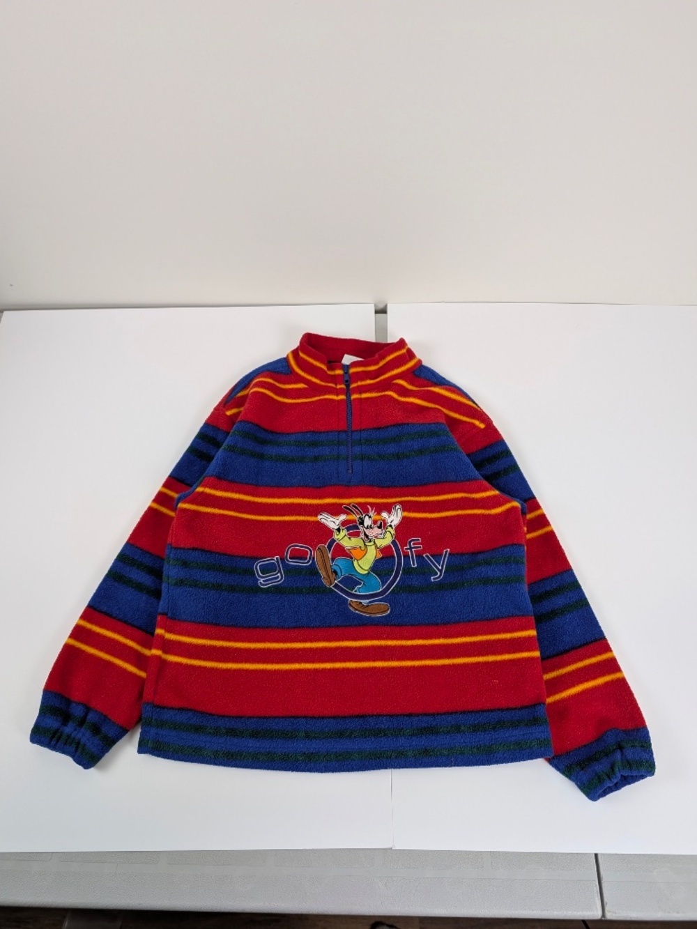 Kids Disney Goofy Fleece Pullover Size Medium 90's Striped Quarter Zip - Picture 2 of 10
